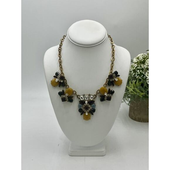 J. Crew Mustard Yellow Blue Eggplant Antique Gold Rhinestone Statement Necklace - Picture 2 of 14